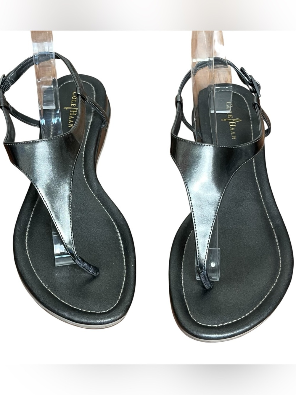 Cole Haan Nike Air Thong Sandals Metallic Pewter Leather Ankle Strap Comfort 9.5